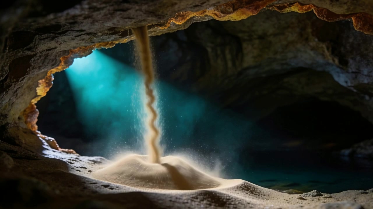 Pouring narrow sand column through ceiling hole, feeding growing mound on cave floor