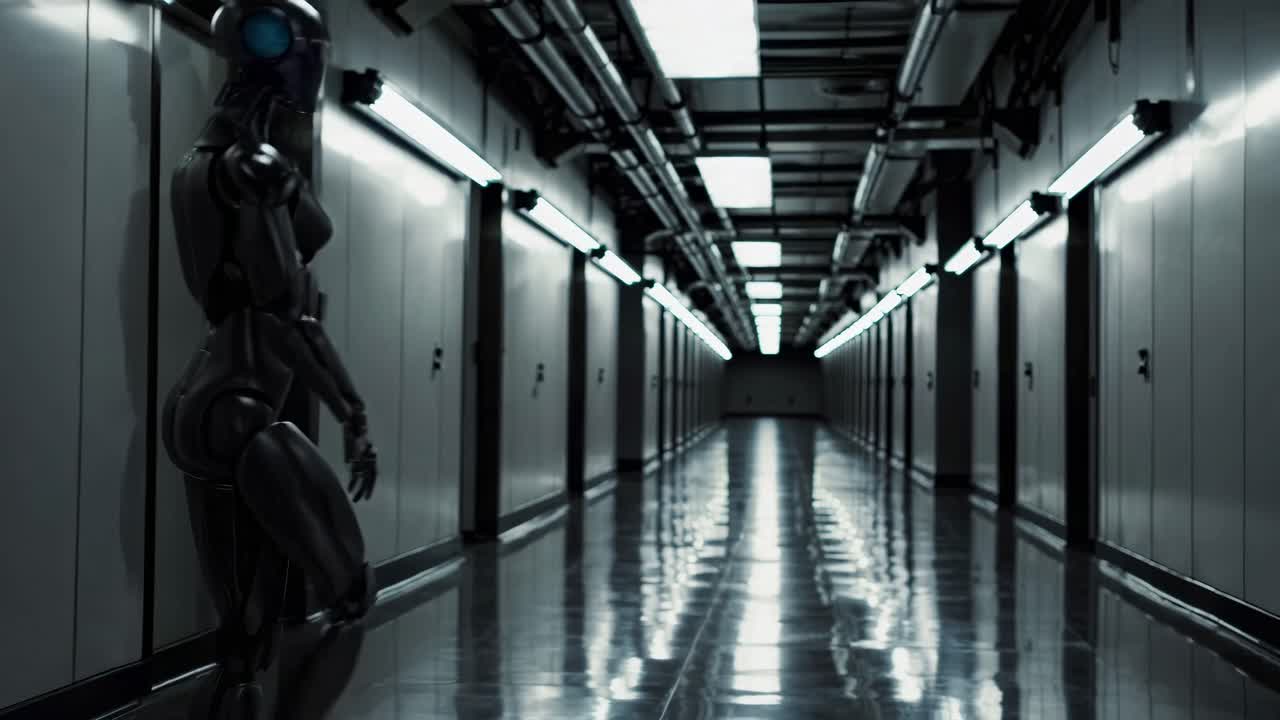 Black Robot in a Futuristic Corridor
