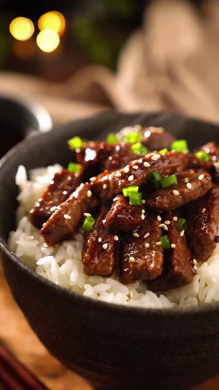 Rekaman video close-up semangkuk nasi yang diberi daging sapi berlapis gula, dihiasi dengan biji wijen