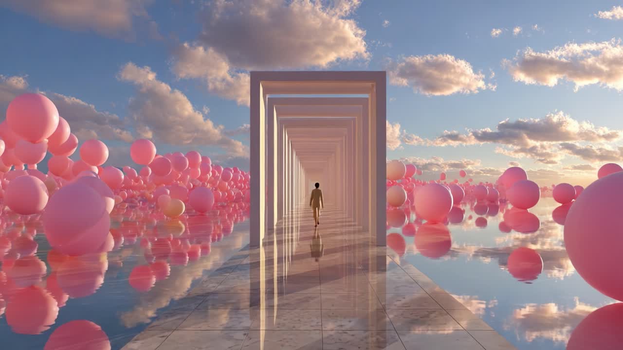 A dreamlike journey through a surreal landscape filled with soft pink spheres and reflective pathways, inviting viewers into a world of imagination and tranquility