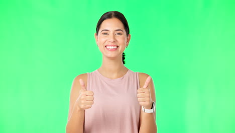 Happy-woman,-hands-and-thumbs-up-on-green-screen