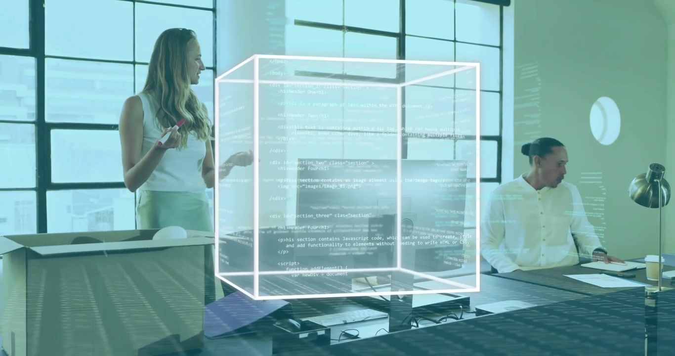 Woman tapping phone after unpacking, causing glowing cube spinning with colleague watching tech