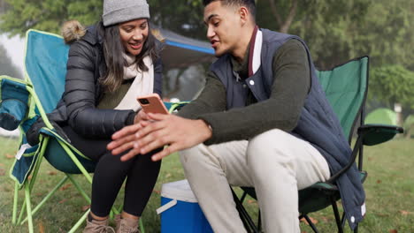 Phone,-camping-and-a-couple-on-social-media-by