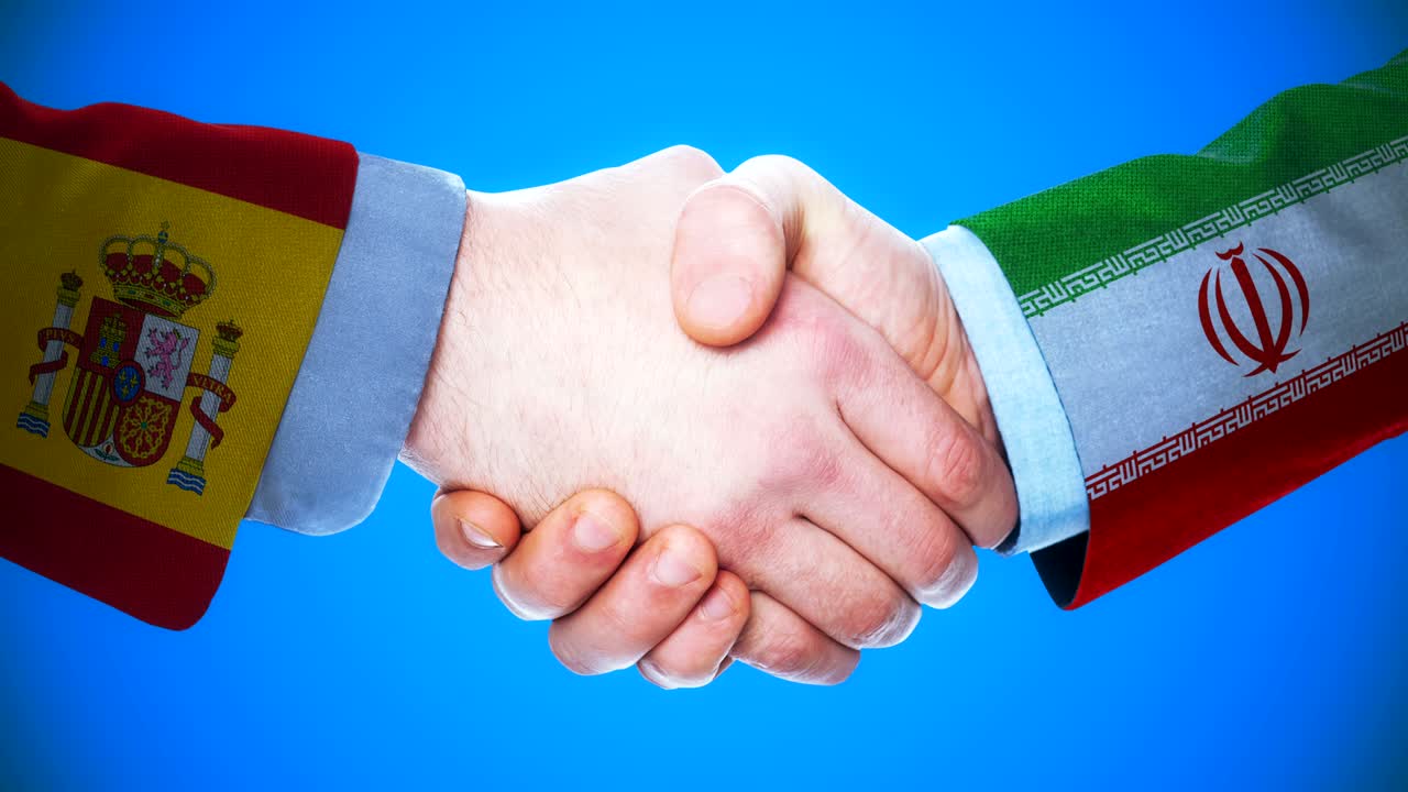 Espanha - Irã / Animação conceitual de aperto de mãos sobre países e política / Com canal alfa