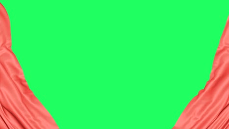 the white curtain slides open to reveal an isolated green screen. presentation or premiere of the show.