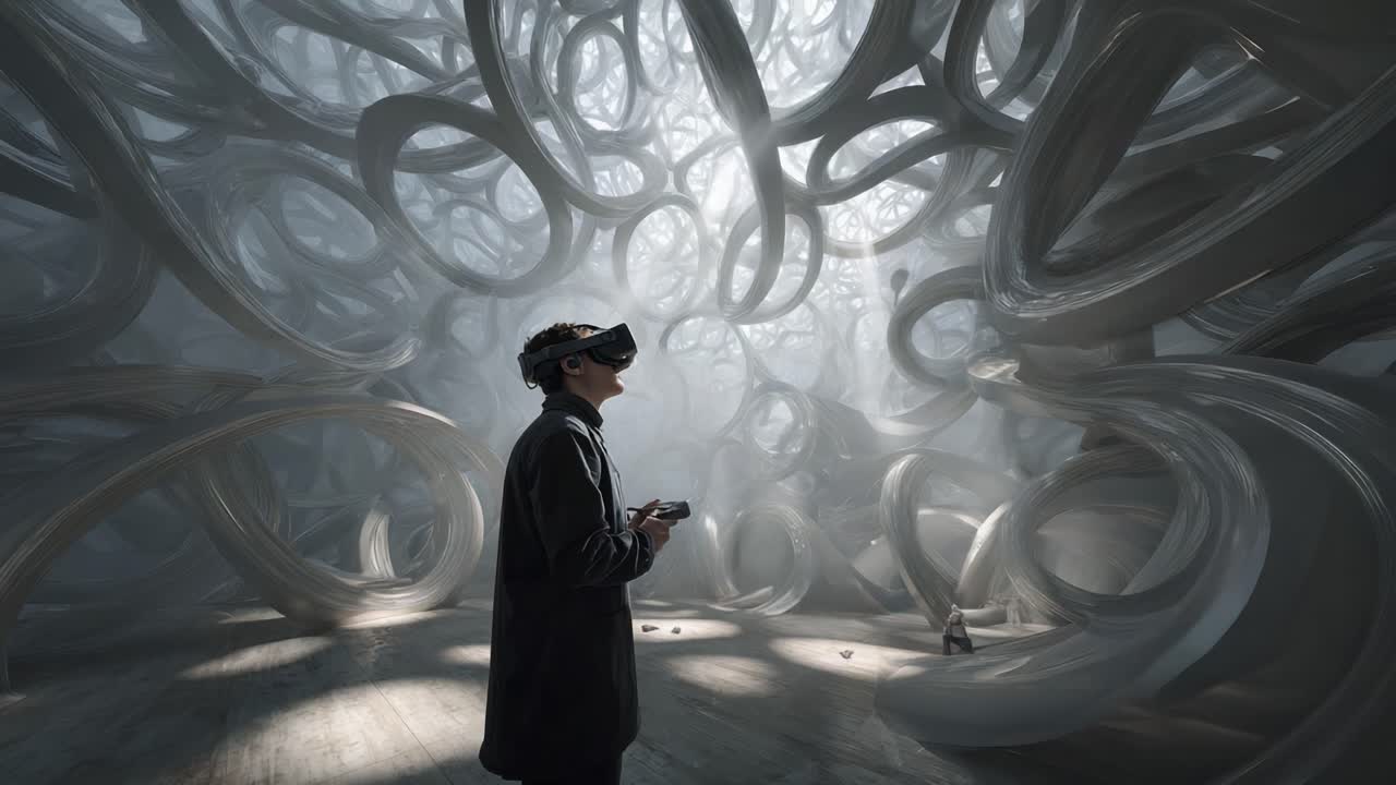 Immersive Virtual Reality Exploration Within a Twisting, Abstract Environment: A Journey Through Complex Structures and Ethereal Light, Blurring the Boundaries Between Reality and Imagination