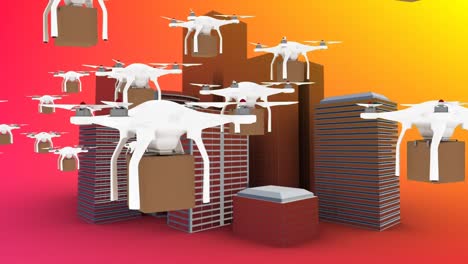 multiple drones carrying boxes against cityscape n yellow and orange gradient background