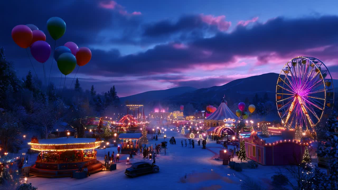 A Vibrant Winter Fairground Illuminated at Night with Colorful Balloon Decorations, Enchanting Lights, a Ferris Wheel, and a Carousel Amidst a Majestic Mountain Backdrop