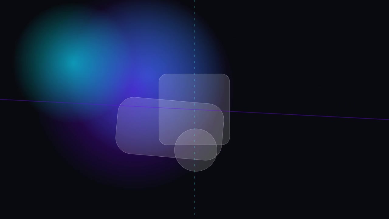 Grafica in movimento astratta con forme geometriche fluttuanti e luci brillanti
