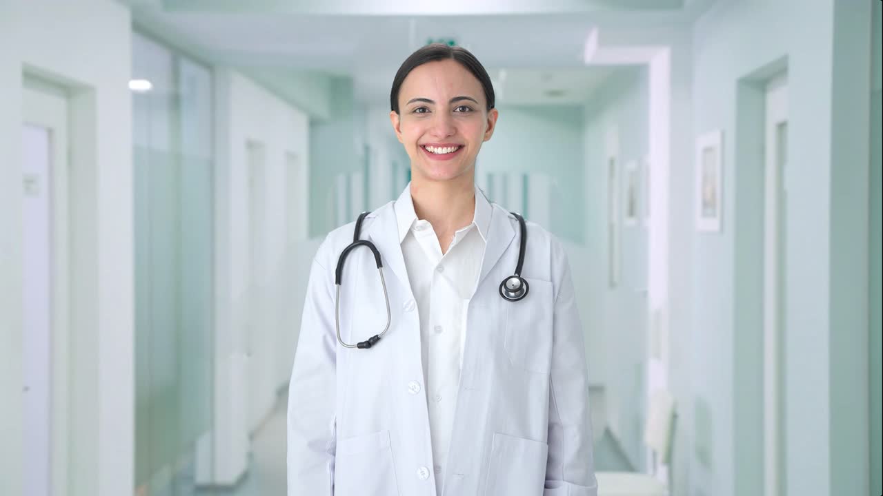 Feliz doctora india poniéndose un estetoscopio en los hombros