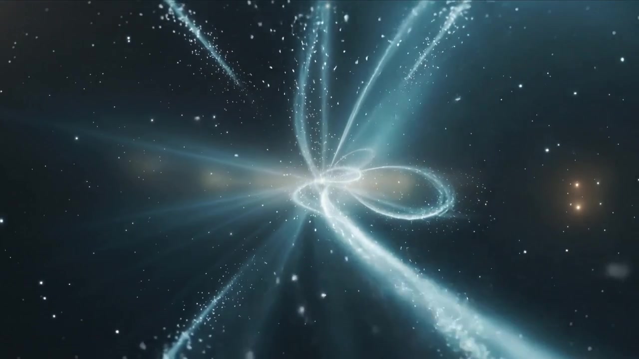 Brightening core launching four particle jets forming figure-eight stardust ribbon in deep space