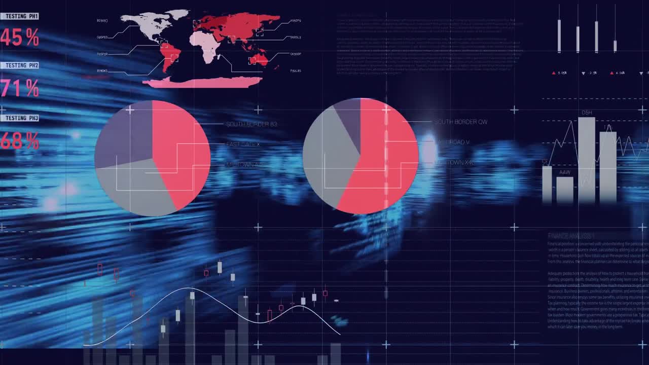 Animation of data processing and light trails on black background