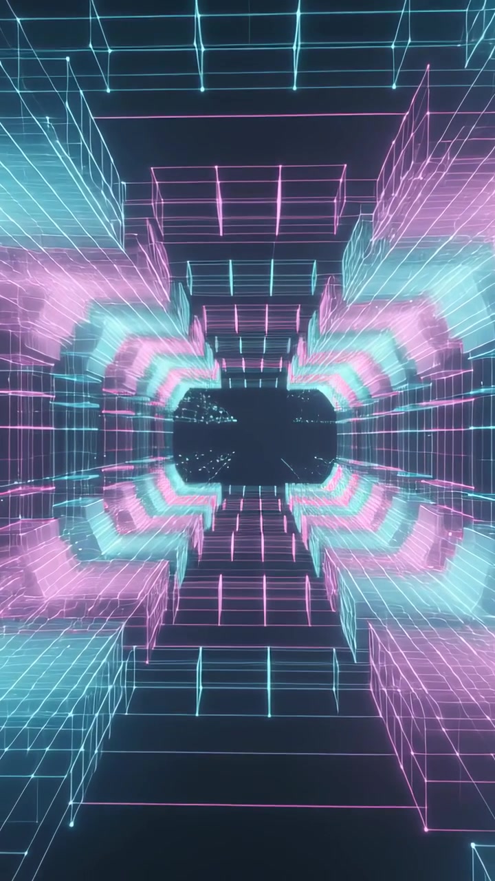 Vertical video: Moving camera through neon grid tube in VR with hole and dots creating depth