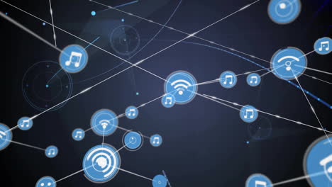 music and wi-fi icons connected by lines, network connectivity animation