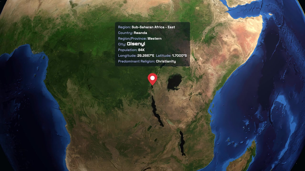 Digital globe rotates and zooms into Rwanda, displaying location coordinates and regional demographic information