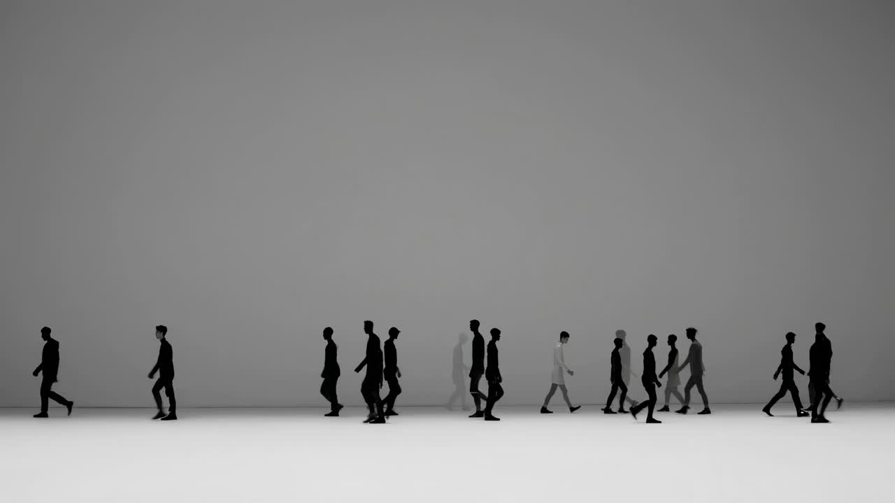 Minimalist video with a side view of silhouetted figures walking against a plain background