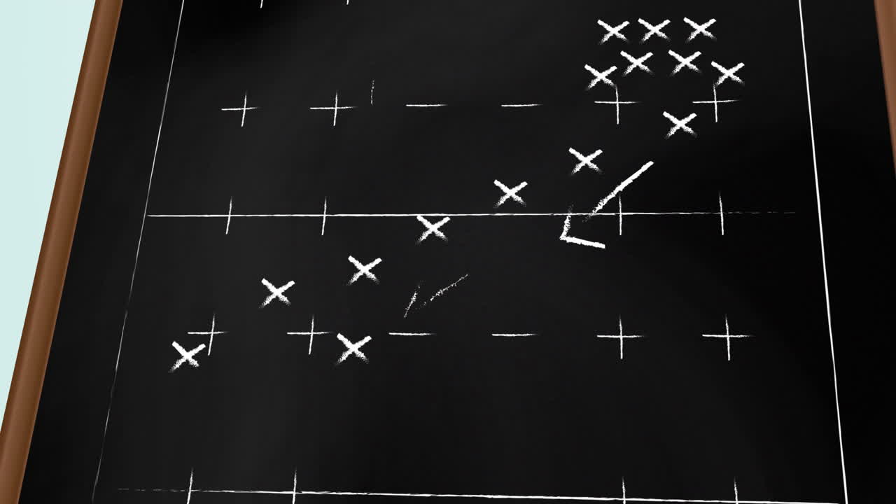 검은색 배경 위에 x와 화살표가 있는 흑판 축구 전략 애니메이션