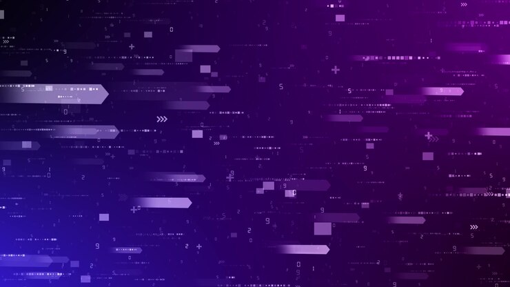 Futuristic purple data flow arrow shapes numeric details glowing blocks and fast digital movement