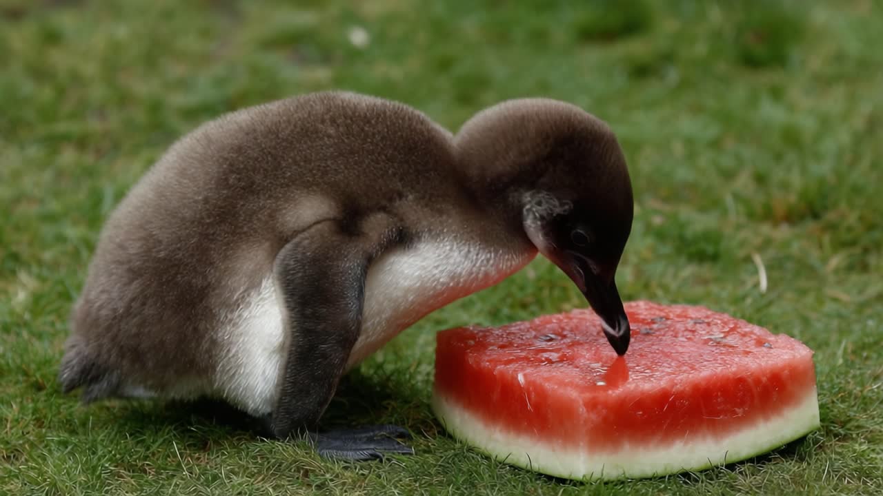 A Young Penguin Enjoys a Delicious Slice of Watermelon, Exploring New Flavors in a Playful and Adorable Setting with Nature All Around