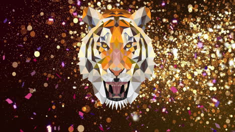 animation of confetti and light spots over tiger on black background