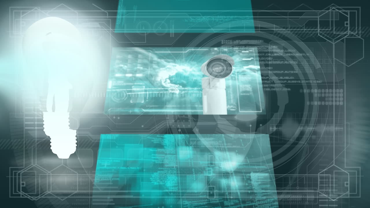 animación de bombillas y pantallas con diversos datos tecnológicos