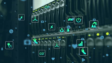 animation of digital icons floating against close up of computer server