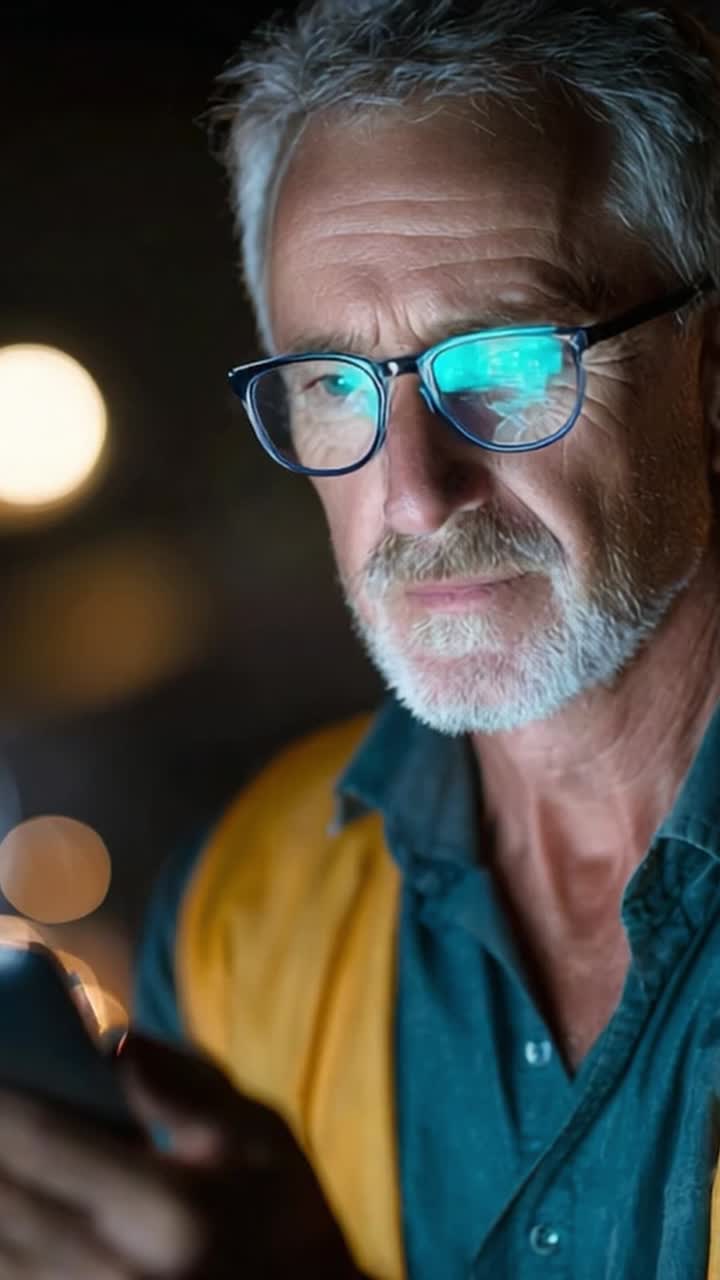 Focused man with glasses engages with a smartphone in a dimly lit environment, showcasing concentration and modern technology through his attentive facial expression