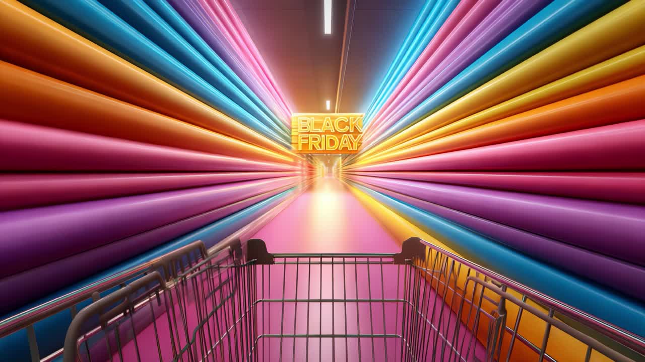 A Vibrant and Captivating Shopping Experience Highlighting the Excitement of Black Friday with Colorful Lights and an Empty Shopping Cart in a Dynamic Environment