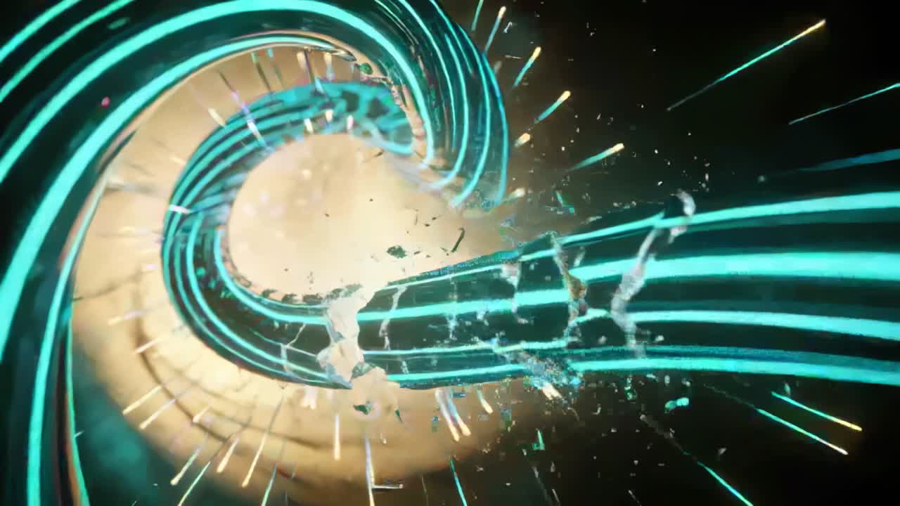 Advancing camera entering central glow, spiraling conduit fracturing and ejecting aqua teal debris