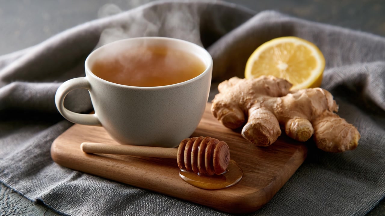 Una tazza calda di tè allo zenzero: infuso confortante con miele e limone fresco, perfetto per serate accoglienti e momenti di relax a casa.