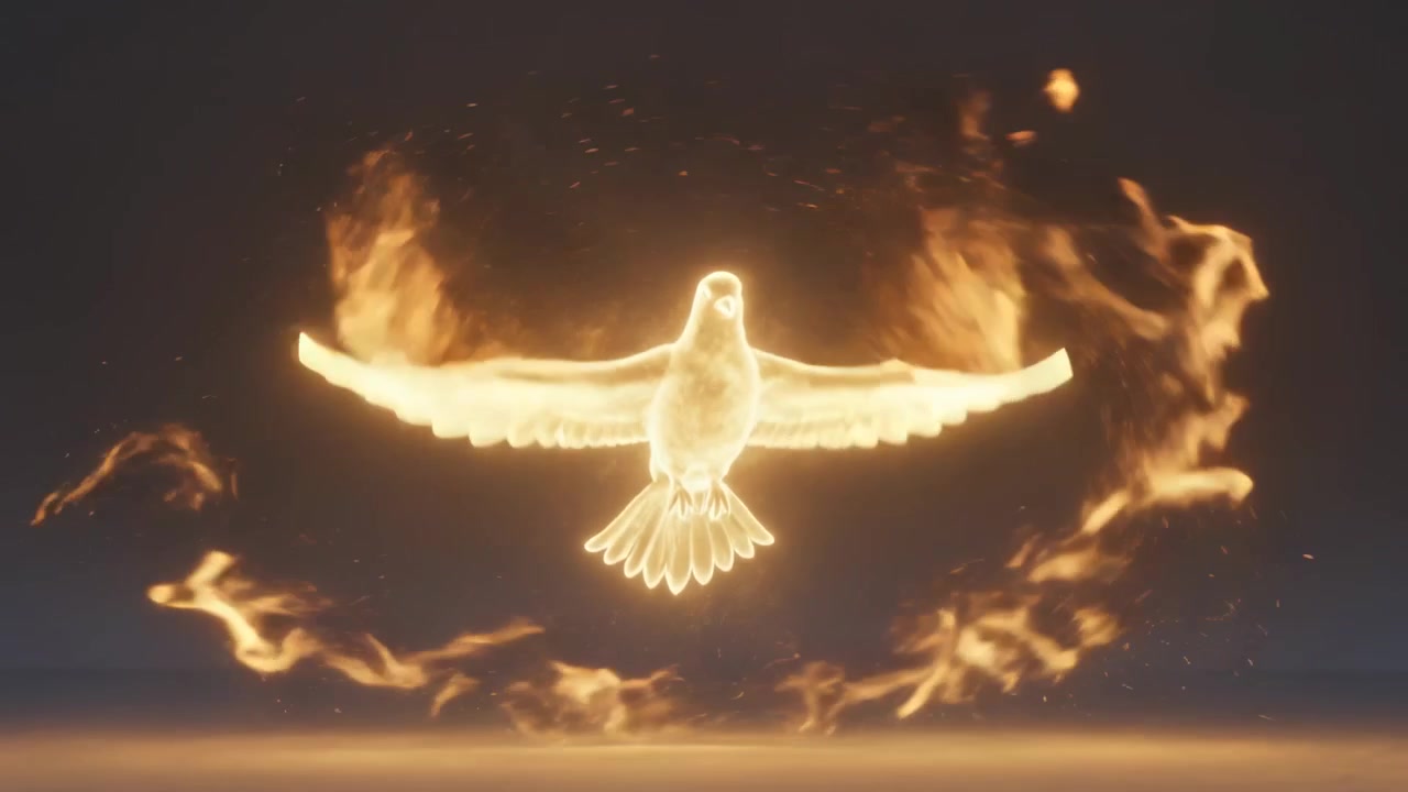 Massa di fiamme pulsanti e incandescenti che forma un anello, trasformandosi in un uccello infuocato su un pavimento lucido, con scintille che volano.