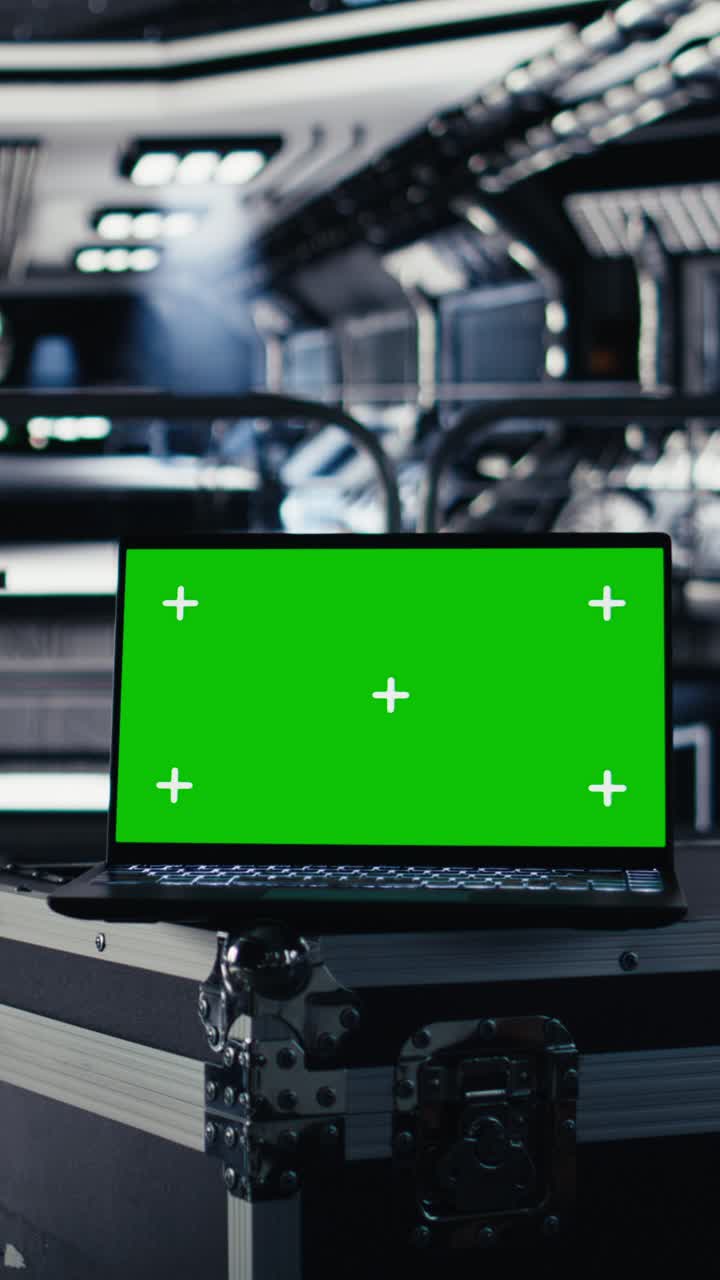 Vertical video Green screen laptop in spacecraft used for data input