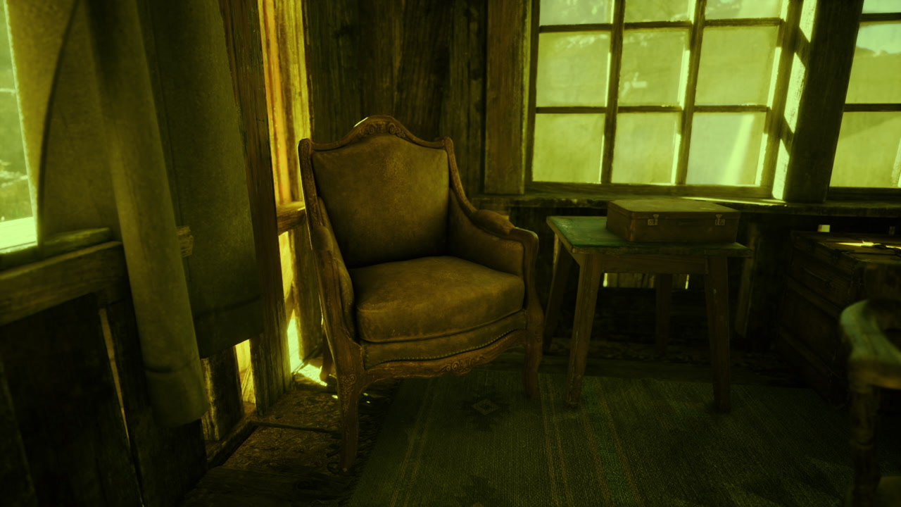 Brightly illuminated alcove with aged wooden chairs and nostalgic atmosphere