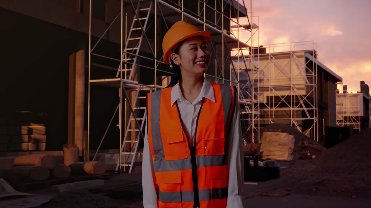 Asian Female Engineer With Safety Helmet Looking Around While Standing At Construction Site in Progress to New House