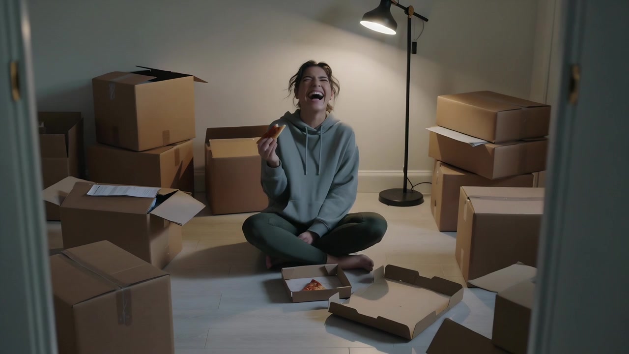 Taking break among boxes, woman eating slice from pizza box then laughing on floor in hoodie