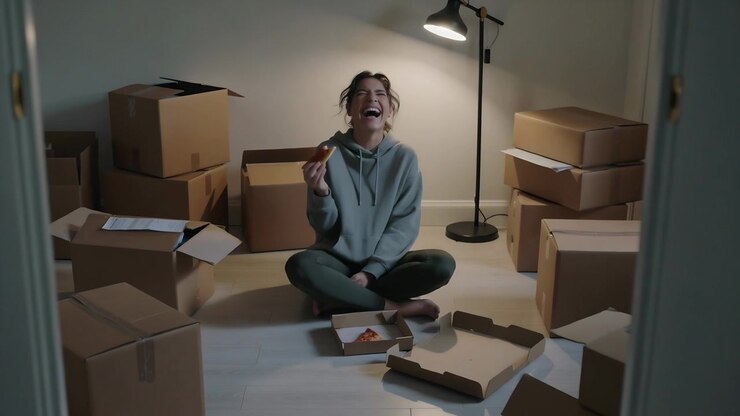 Taking break among boxes, woman eating slice from pizza box then laughing on floor in hoodie