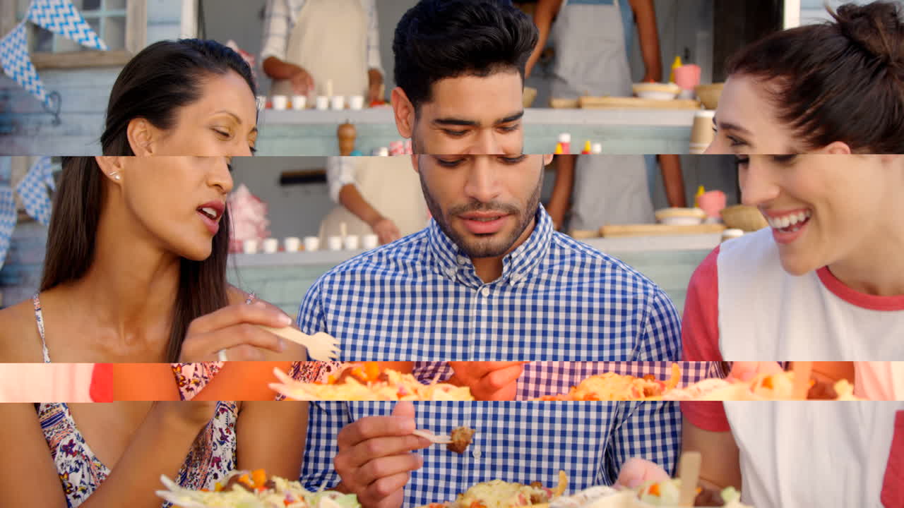 미소 짓는 친구 들 이 간식을 먹고 있다