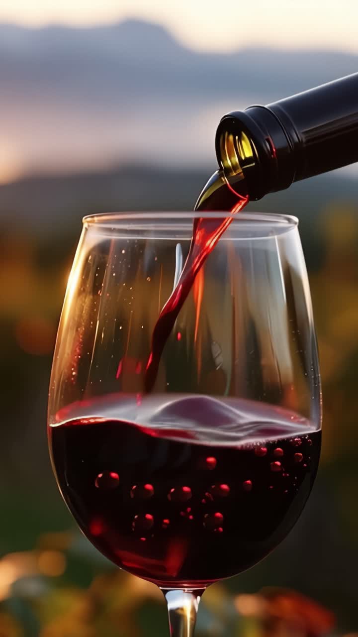 A Beautifully Poured Glass of Red Wine Captured at Sunset, Showcasing the Rich Color and Bubbles, Perfectly Sip for Relaxation and Enjoyment in Nature's Ambiance