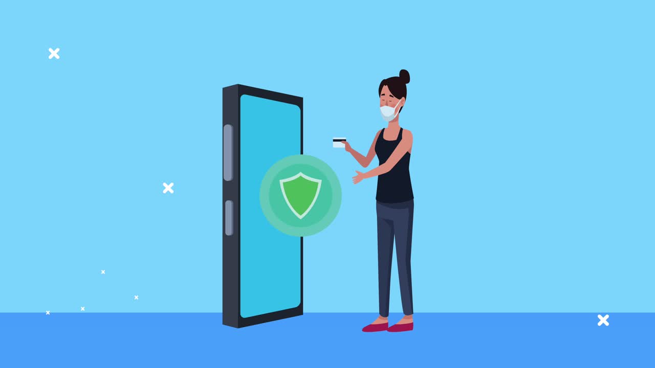 бизнесменка в медицинской маске с щитом и анимацией смартфона