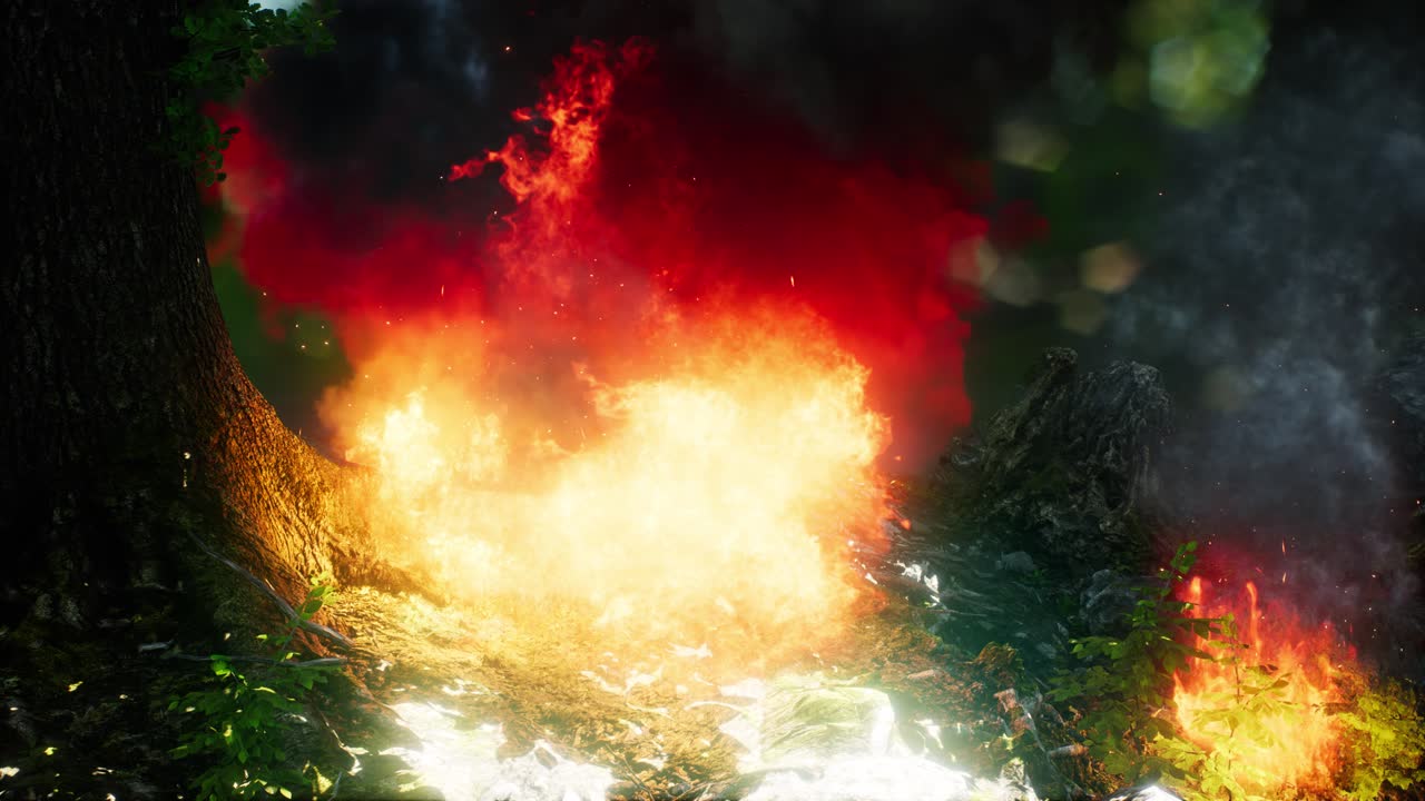 산불 도중 불타는 나무 에 바람 이 불고 있다