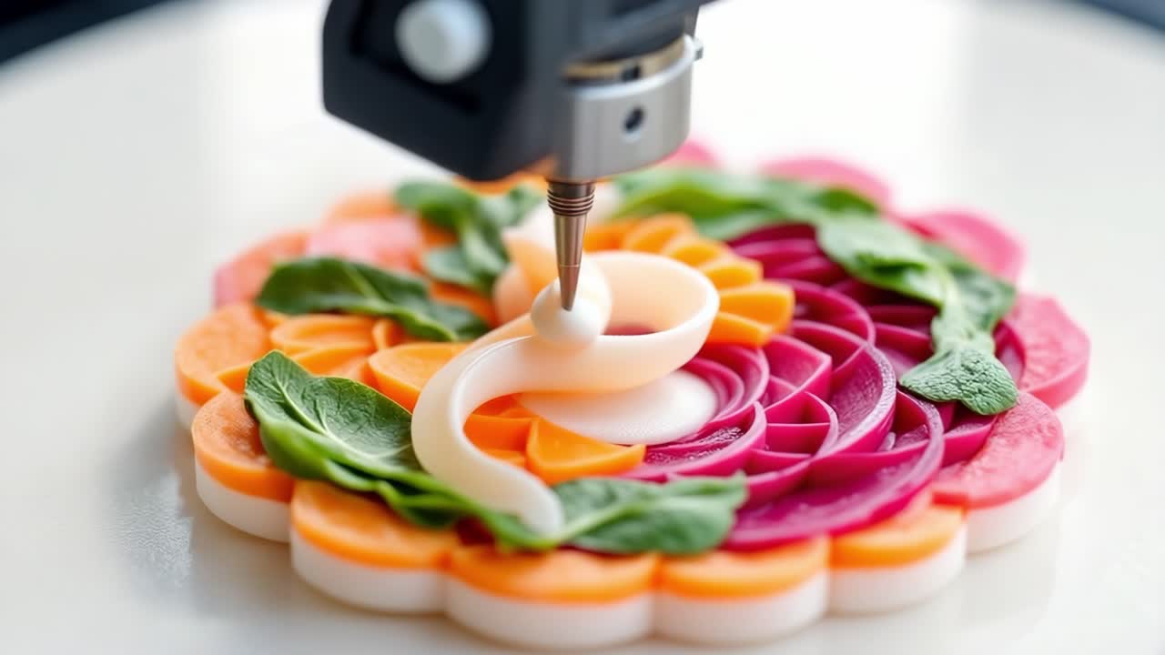 Robotic arm of a 3d food printer decorating a colorful vegetable dish with a creamy sauce, showcasing the future of culinary technology