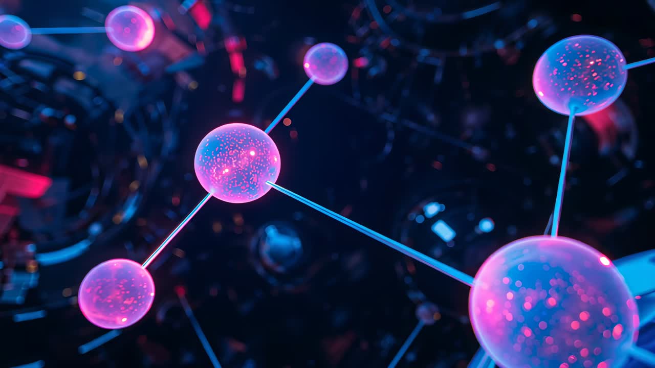 Shifting camera angle, zooming in on glowing pink sphere against gear backdrop revealing particles