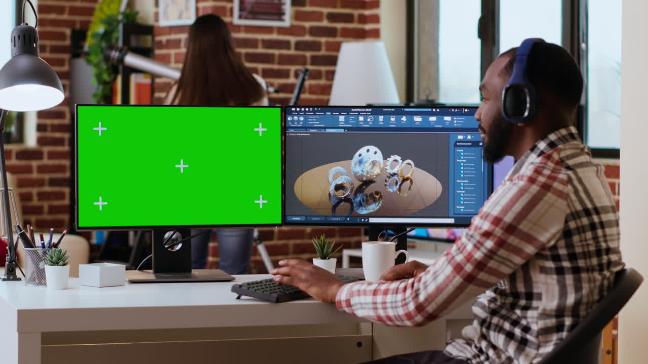 el desarrollador de software crea un prototipo de engranaje en monitores duales junto a la llave de croma