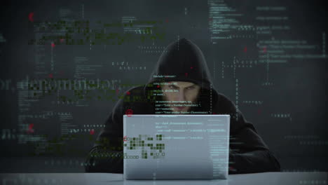 Hacker-Con-Capucha-Usando-Una-Computadora-Portátil-Con-Animación-De-Amenaza-De-Ciberseguridad-Sobre-Código