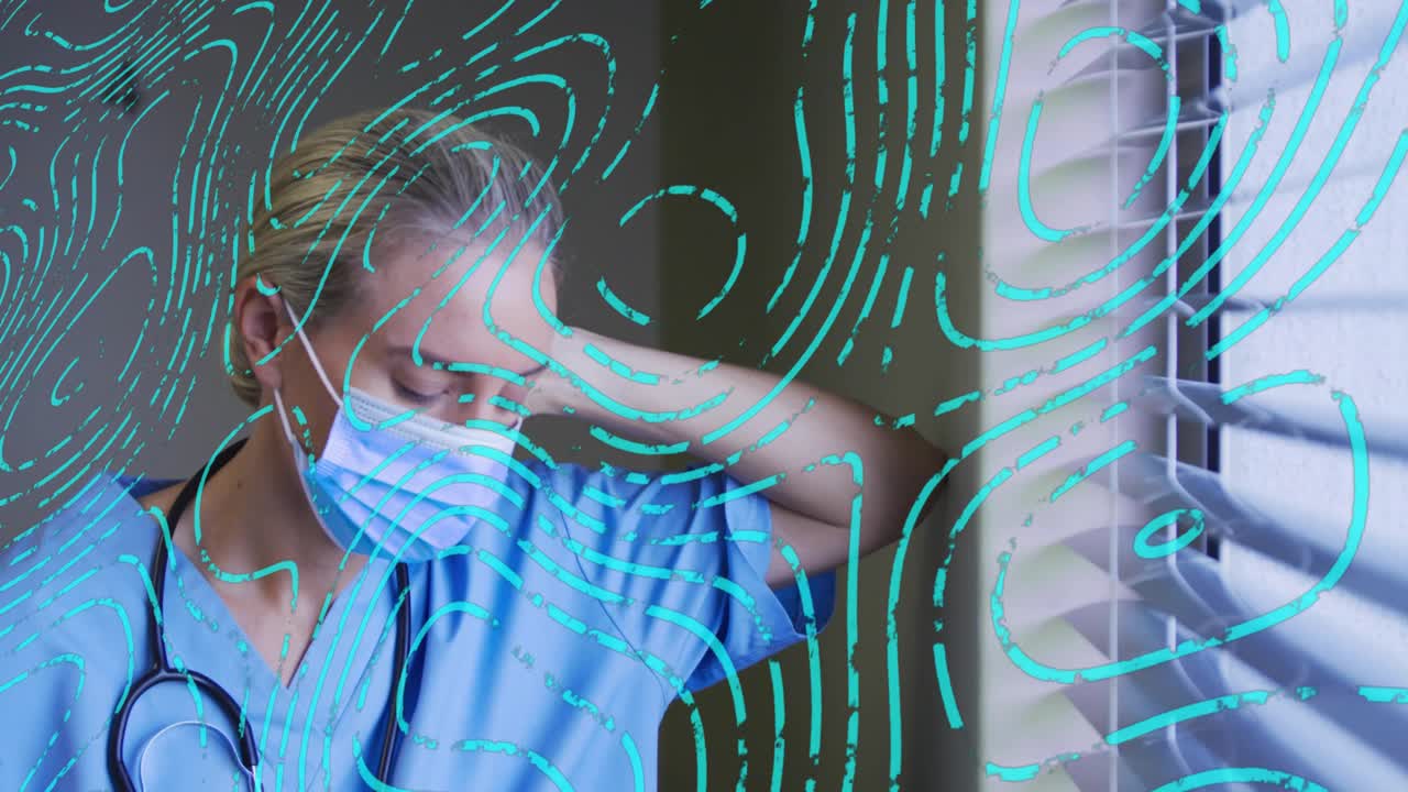 Hospital nurse gazing blinds daylight filtering leaning rubbing neck as cyan swirls accenting mood