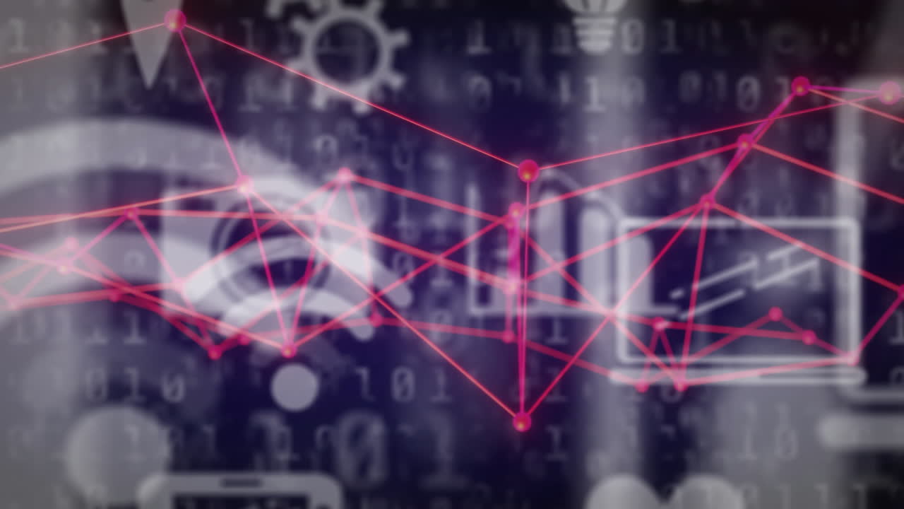Digital network connections and data processing animation over technology icons