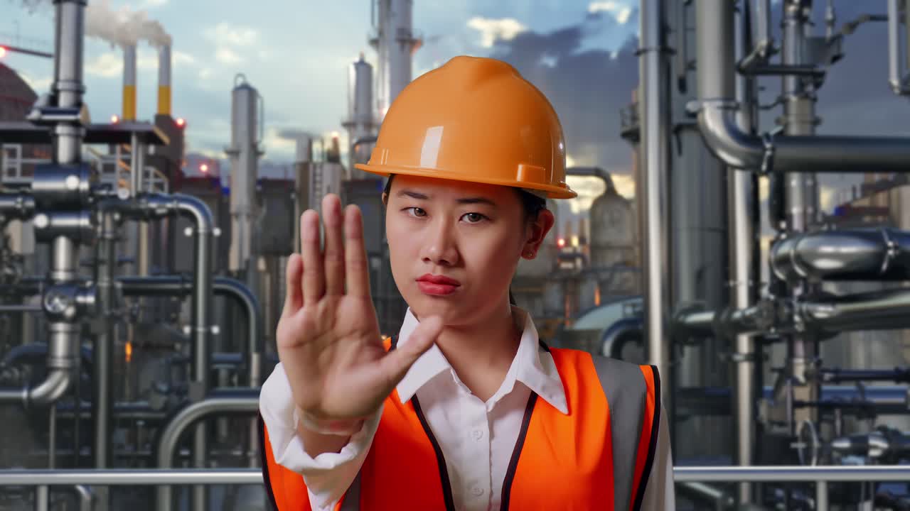 Woman industrial worker giving stop signal