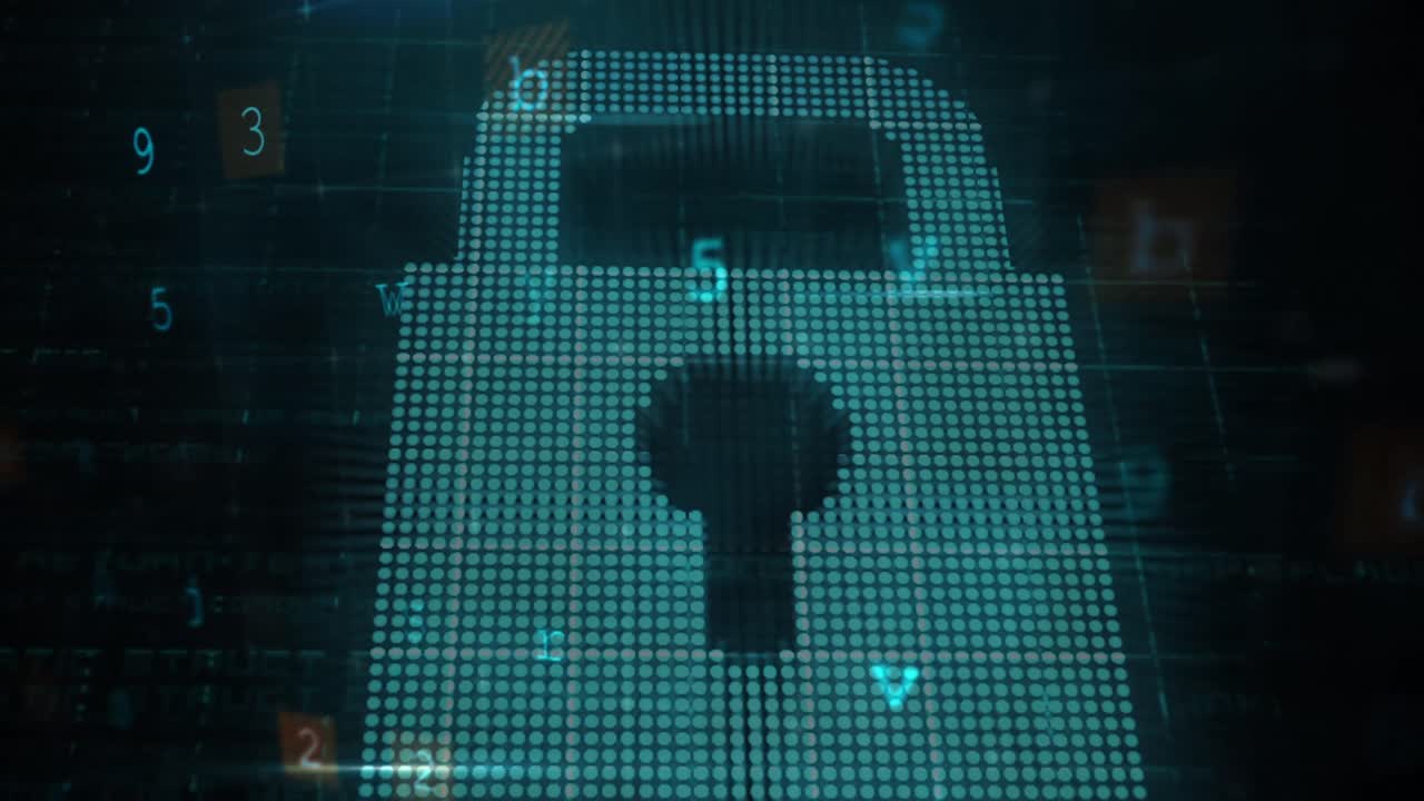 animación del candado de seguridad sobre el procesamiento de datos en fondo oscuro