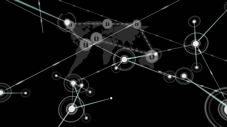 Network of connections over network of security padlock icons against world map on black background
