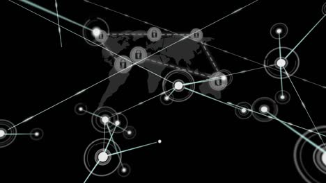 network of connections over network of security padlock icons against world map on black background